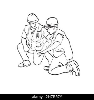 two construction workers talking in hard hats illustration vector isolated on white background line art. Stock Vector