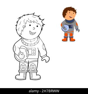 coloring book, color a cartoon illustration of an astronaut in space, vector isolated on a white background. Stock Vector