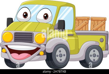 Cartoon smiling yellow pickup truck Stock Vector