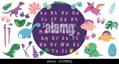 A set of cute dinosaurs for decorating the nursery, Mesozoic era stickers for children, with hand drawn alphabet in a flat style, isolated on a white. Stock Vector