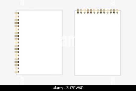 Notebook mockup A4 with gold spiral. Wire bound blank paper note book template. Vertical, horizontal sheets with gold spiral binding. Vector Stock Vector