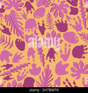 Seamless pattern of jungle leafs, dinosaurs footprint for nursery in a flat style isolated on a yellow background. Stock Vector