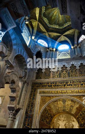 Mosaic cupola above polylobed blind arches of the mihrab at the Great Mosque of Córdoba, Spain. Stock Photo