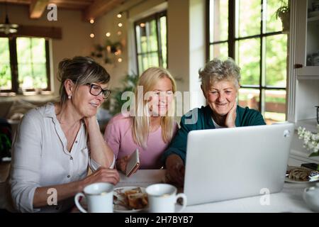 Happy senior friends women having fun and using laptop indoors at home, coffee time. Stock Photo