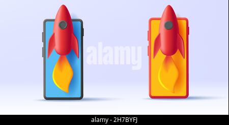 set of 3d illustrations with 3d render illustration of black and red smarthone with rocket flying up from thre screen Stock Vector