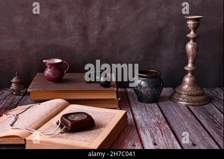 Still life vintage objects on wooden rustic background Stock Photo