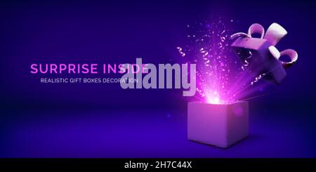 Open gift box and magic light fireworks. Holiday Christmas banner with surprise box and confetti. Vector illustration Stock Vector