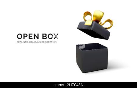 Open gift box with gold ribbon and bow. Present box decoration design element. Holiday banner with black box. Vector illustration Stock Vector