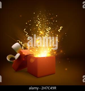 Open gift with fireworks and glitter. Present box decoration design element. Holiday banner with open box. Vector illustration Stock Vector