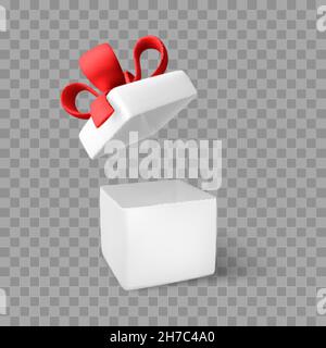 White open gift box. Surprise box with bow for holiday design banner or poster. Vector illustration Stock Vector
