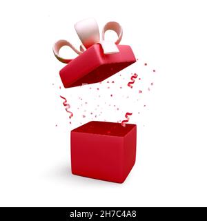 Gift box with red ribbon and bow and falling confetti. Holiday banner with open box. Present box decoration design element. Vector illustration Stock Vector