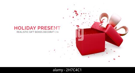 Gift box with red ribbon and bow and falling confetti. Present box decoration design element. Holiday banner with open box. Vector illustration Stock Vector