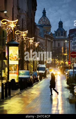 Petőfi Sándor street in Budapest Old town in the rain at night Stock Photo