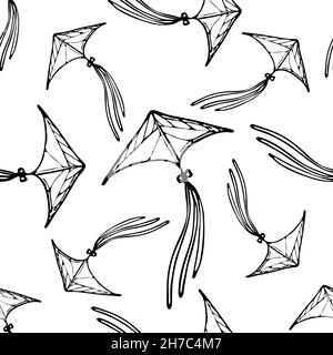 Kite vector seamless pattern doodle, hand drawn, minimalistic, monochrome. Black and white background Stock Vector