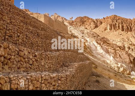 View of the mountain oasis of Shebika and an old abandoned village in the middle of the Sahara Desert, Tunisia, Africa Stock Photo