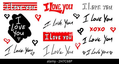 I love you hand drawn lettering set. Isolated on white background Stock Vector