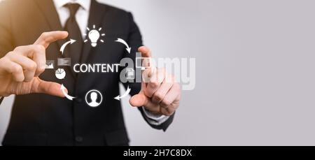 Content marketing cycle - creating, publishing, distributing content for a targeted audience online and analysis. Stock Photo