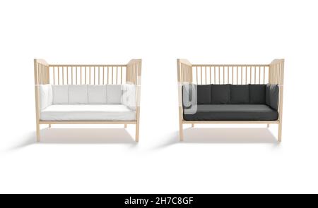 Blank wood cot with black and white crib sheet, protective bumpers mockup, 3d rendering. Empty protection cradle with pillow mock up, front view, isol Stock Photo