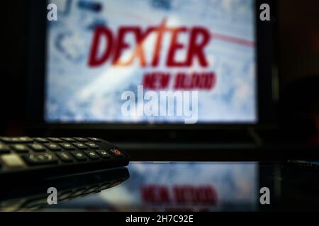 Dexter Tv series and TV controller. Dexter: New Blood is an American crime drama mystery miniseries developed for Showtime as a continuation of the se Stock Photo