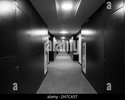 Very long corridor. Wooden walls of wenge. Dim lighting and gray carpet. Selective focus Stock Photo