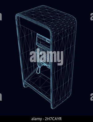 Wireframe of a booth with a street phone from blue lines, isolated on a dark background. Isometric view. 3D. Vector illustration Stock Vector
