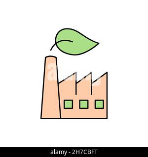 Clean industry concept. Factory with a leaf color line icon. Zero emission idea. Carbon neutral manufacturing. Sustainable development. Chimney filter Stock Vector