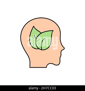 Think green concept. Head with a leaf inside line icon. Green living idea. Sustainable lifestyle. Environmental conservation. Ecological awareness. Stock Vector