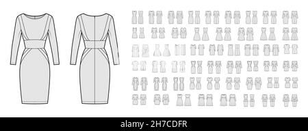 Set of Dresses casual technical fashion illustration with long short elbow sleeves, oversized fitted body, knee mini length skirt. Flat apparel front, back, grey color. Women men unisex CAD mockup Stock Vector