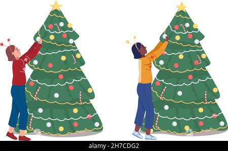 Woman with Christmas tree semi flat color vector character set Stock Vector
