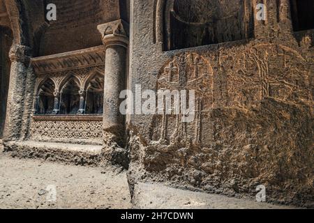 Gavit hall in the interior of the Geghard Church and monastery in Armenia Stock Photo