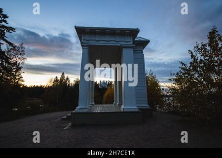 Vyborg, Russia - View of the Tomb Chapel, Ludwigsburg on Ludwigstein Island in Mon Repos Park from the side of the Temple of Neptune. Stock Photo