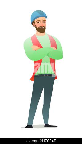 Man builder in vest and protective helmet. Guy worker. Cheerful person. Standing pose. Cartoon comic style flat design. Single character. Illustration Stock Vector