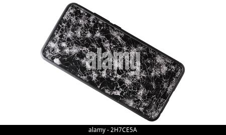 Modern touch screen smartphone with broken screen full of cracks on white background. Repair gadget concept Stock Photo