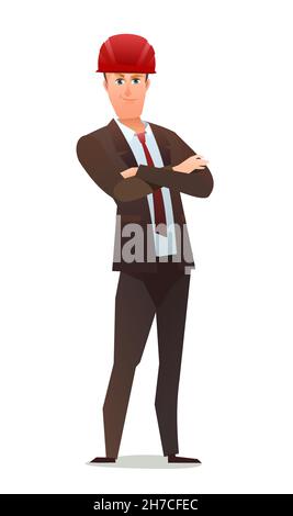 Man engineer in suit and protective helmet. Office guy at construction site. Cheerful person. Standing pose. Single Character cartoon comic style Stock Vector