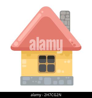 Small country house with orange walls and red roofs. Funny cartoon style. Country suburban village. Traditional simple architecture. Illustration for Stock Vector