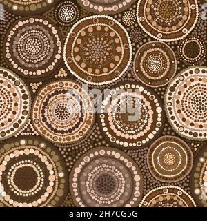 Seamless brown pattern with colorful round elements made of dots Stock Vector