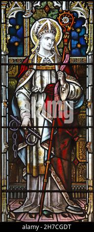 A stained glass window by Jones & Willis depicting St Leonard, St Leonard's Church, Bretforton, Worcestershire Stock Photo