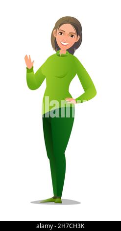 Handsome woman in pants and sweater. Cheerful middle aged girl. Cheerful person. Standing pose. Cartoon comic style flat design. Single character Stock Vector