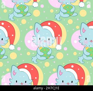 Seamless ornament with cute kittens in kawaii style. Vector pattern. Merry Christmas cats. Stock Vector