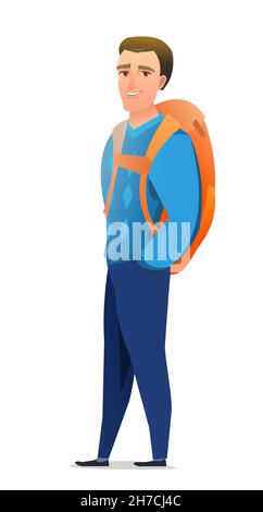 Man tourist backpacker. Guy with backpack on his back. Cheerful person. Standing pose. Cartoon comic style flat design. Single character. Illustration Stock Vector