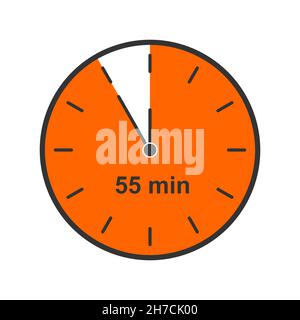 Clock icon with 55 minute time interval. Countdown timer or stopwatch symbol. Waiting midnight, New Year night concept. Infographic element for cooking or sport game. Vector flat illustration. Stock Vector