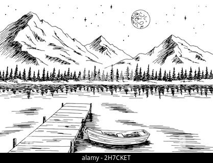 Lake boat graphic black white night mountain landscape sketch illustration vector Stock Vector