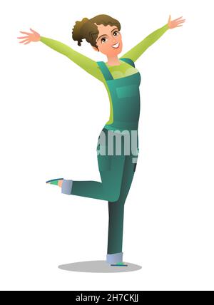 Woman in overalls. Service girl. Handyman, locksmith or repairman. Cheerful person. Standing pose. Cartoon comic style flat design. Single character Stock Vector