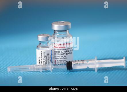 Sofia, Bulgaria – NOV 22, 2021: Vials with the Moderna and Janssen Covid-19 vaccine are used at the corona vaccination centres worldwide Stock Photo