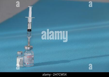 Sofia, Bulgaria – NOV 22, 2021: Vials with the Moderna and Janssen Covid-19 vaccine are used at the corona vaccination centres worldwide Stock Photo