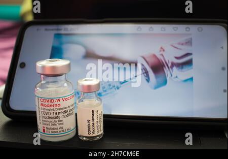 Sofia, Bulgaria – NOV 22, 2021: Vials of Moderna and Janssen Vaccines for coronavirus cure, vaccine for Covid -19 pandemic at the corona vaccination c Stock Photo