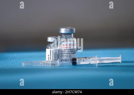 Sofia, Bulgaria – NOV 22, 2021: Vials with the Moderna and Janssen Covid-19 vaccine are used at the corona vaccination centres worldwide Stock Photo