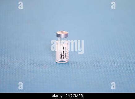 Janssen Vaccines for coronavirus cure, vaccine for Covid -19 pandemic and syringe with needle in Sofia, Bulgaria – NOV 22, 2021 Stock Photo