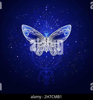Vector illustration with hand drawn butterfly and Sacred geometric symbol against night starry sky. Abstract mystic sign. Linear shape. Stock Vector