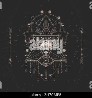 Vector illustration with hand drawn Dead head moth and Sacred geometric symbol on black vintage background. Abstract mystic sign. Gold linear shape. F Stock Vector